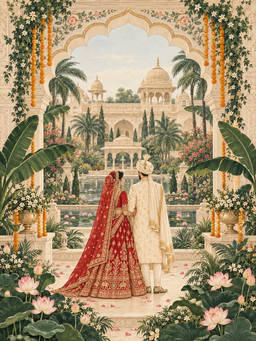 An artistic illustration of a Gujarati bride and groom in an ornate palace garden