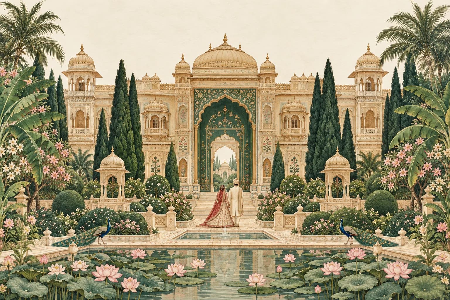 An original Pichwai-inspired illustration of a couple entering a golden palace, surrounded by peacocks and lotus gardens